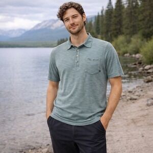 Free Fly‎ Bamboo Performance Polo Mens Size M Blue Slub Pocket Gorpcore Hiking